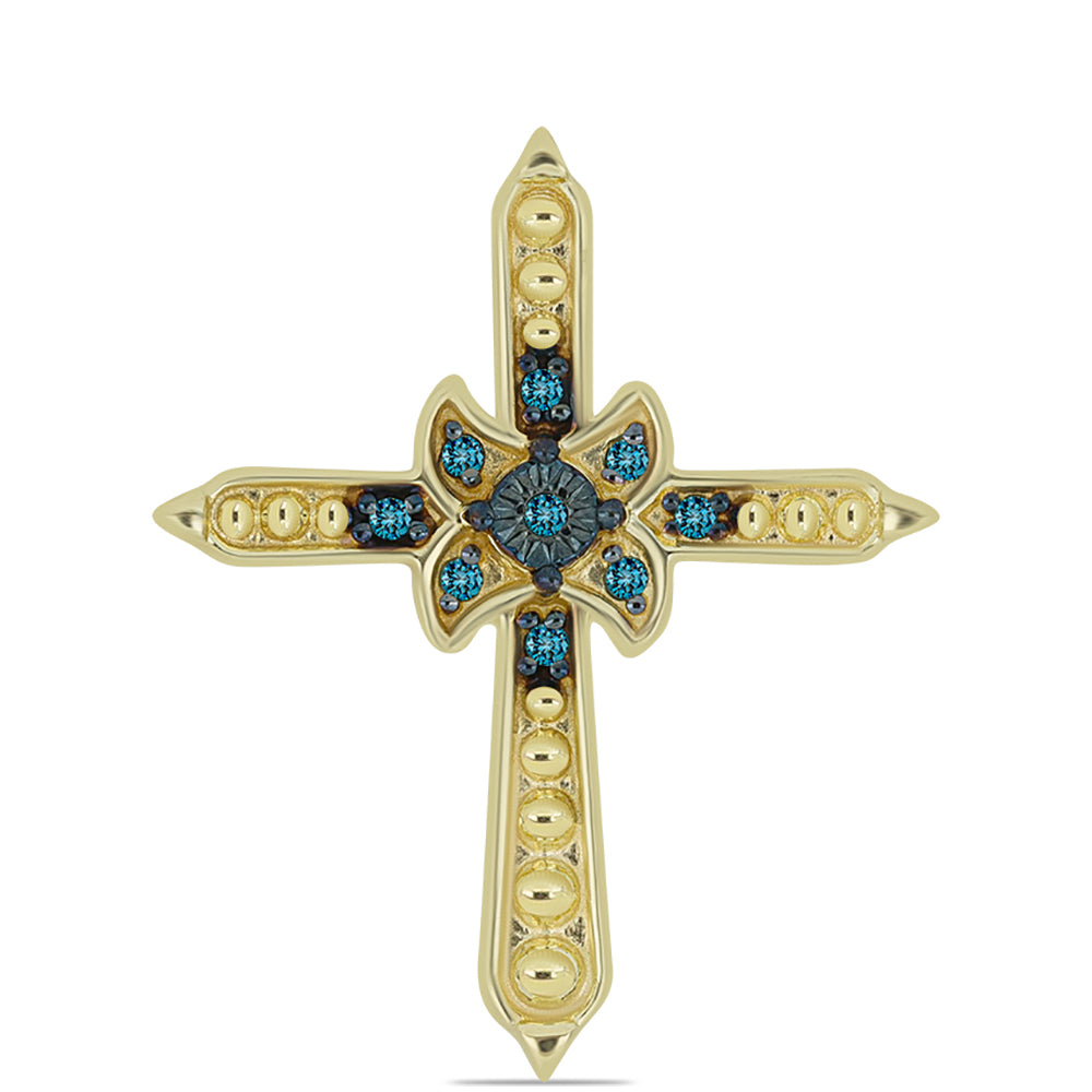 Cruz Colgante de Plata Bañada en Oro con Diamante Azul