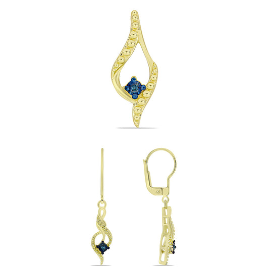 Conjunto de Plata Bañada en Oro con Diamante Azul ( Pendientes +Colgante )