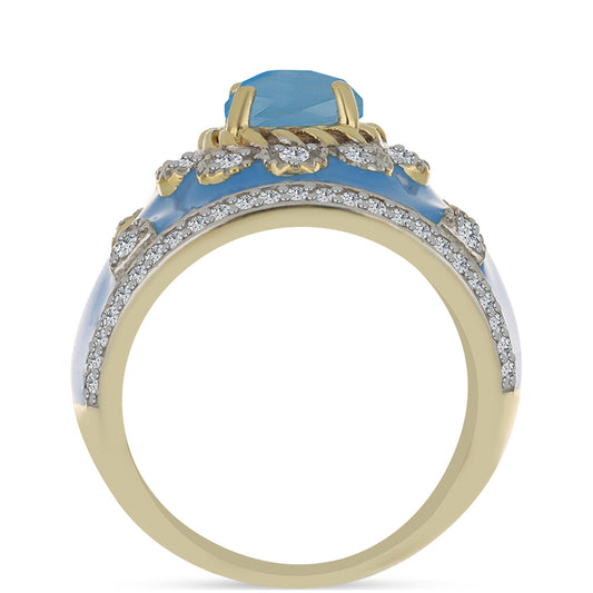 Anillo de Plata Bañada en Oro con Calcedonia Aqua y Topacio Blanco