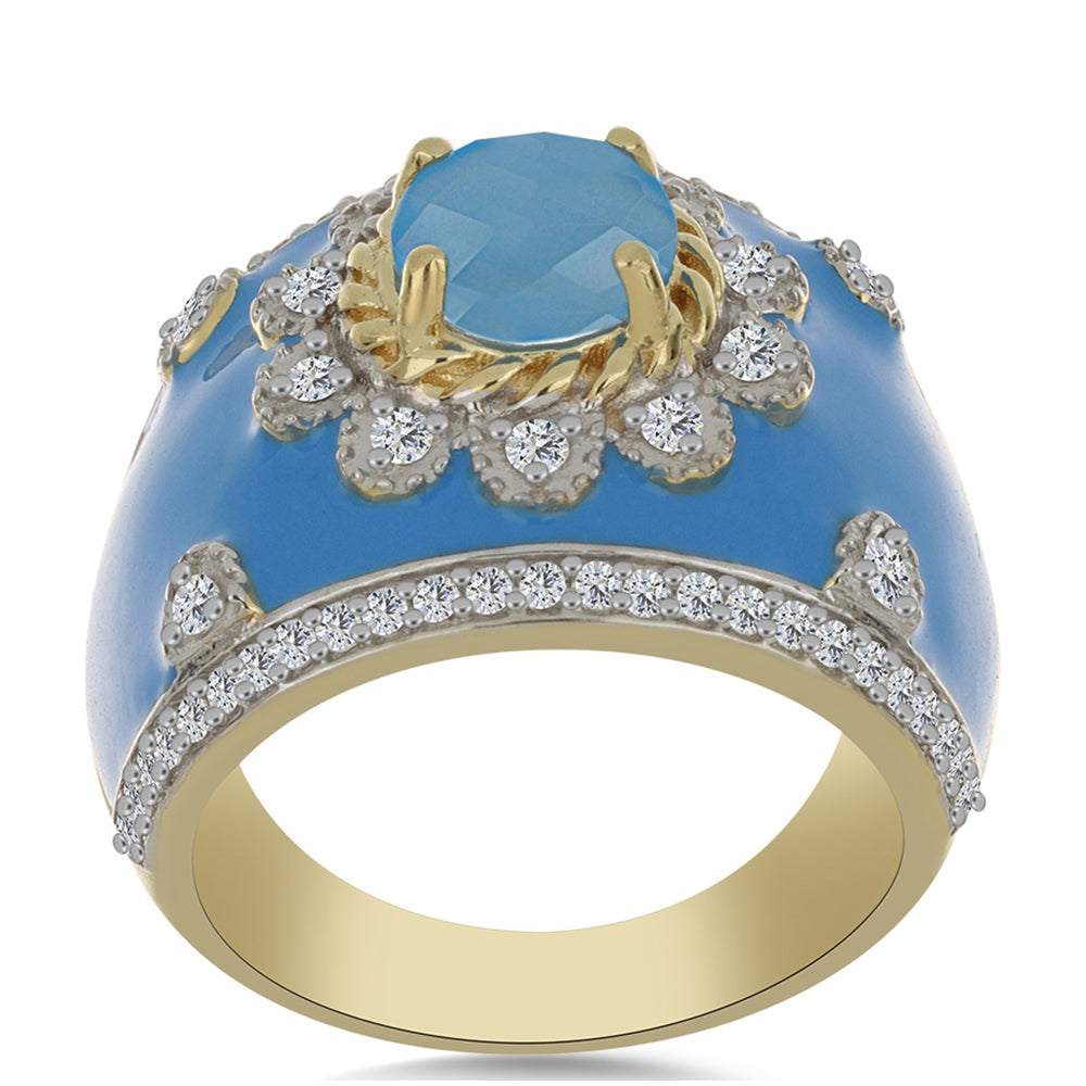 Anillo de Plata Bañada en Oro con Calcedonia Aqua y Topacio Blanco 3 