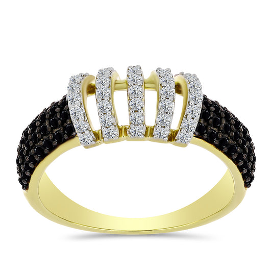 Anillo de Plata Bañada en Oro con Espinela Negra y Topacio Blanco