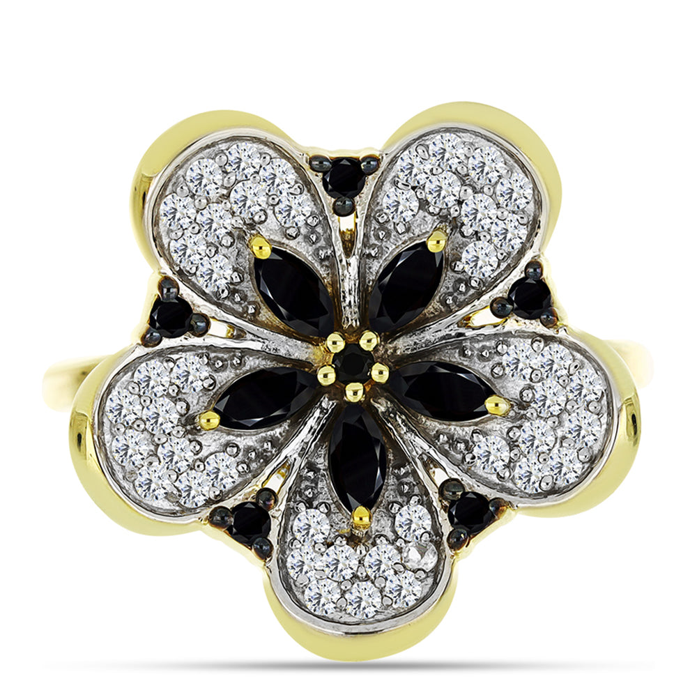 Anillo de Plata Bañada en Oro con Espinela Negra y Topacio Blanco