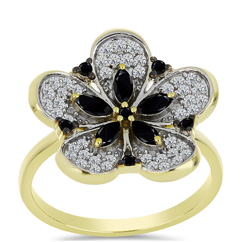 Anillo de Plata Bañada en Oro con Espinela Negra y Topacio Blanco