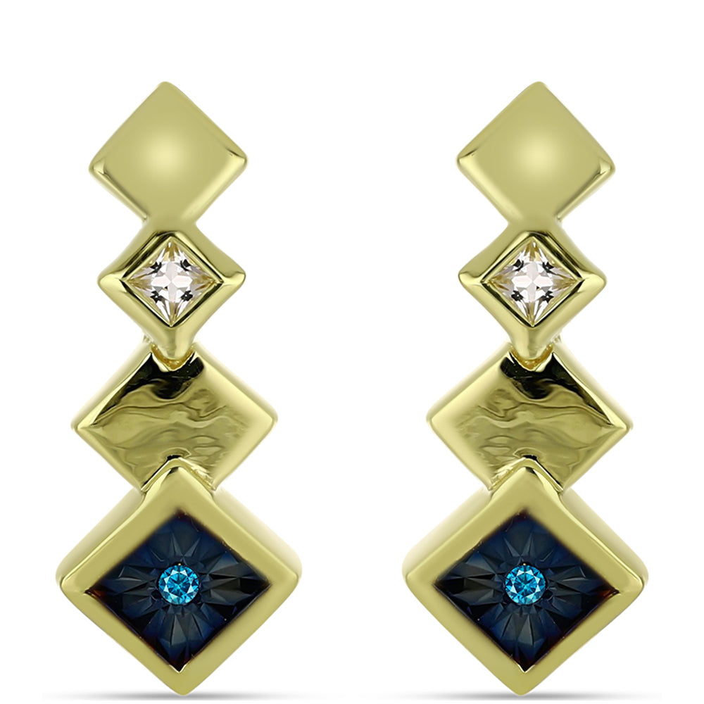 Pendientes de Plata Bañada en Oro con Diamante Azul y Topacio Blanco