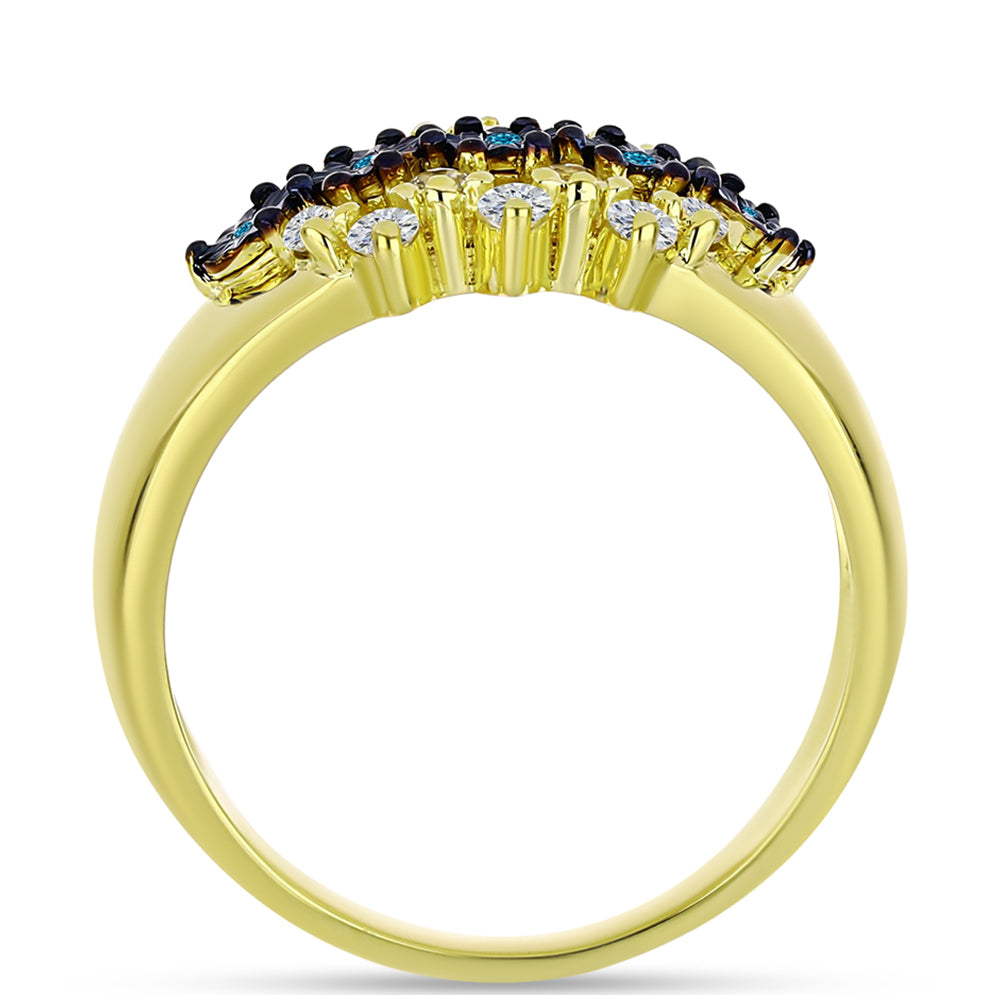 Anillo de Plata Bañada en Oro con Diamante Azul y Topacio Blanco 2 