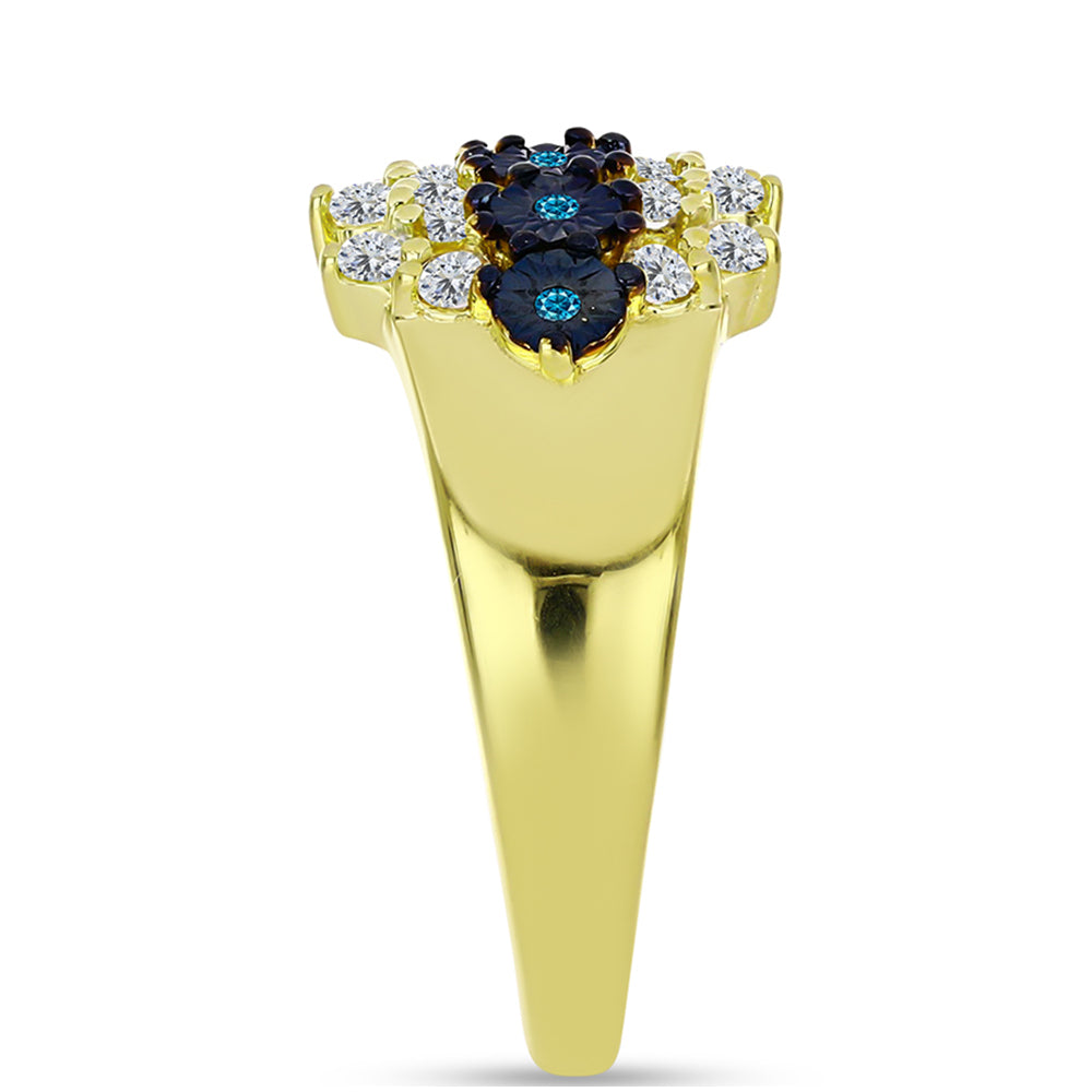 Anillo de Plata Bañada en Oro con Diamante Azul y Topacio Blanco 4 