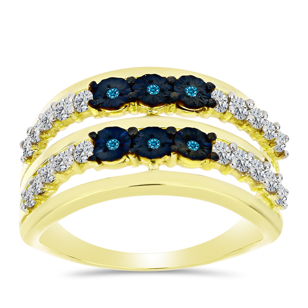 Anillo de Plata Bañada en Oro con Diamante Azul y Topacio Blanco 3 