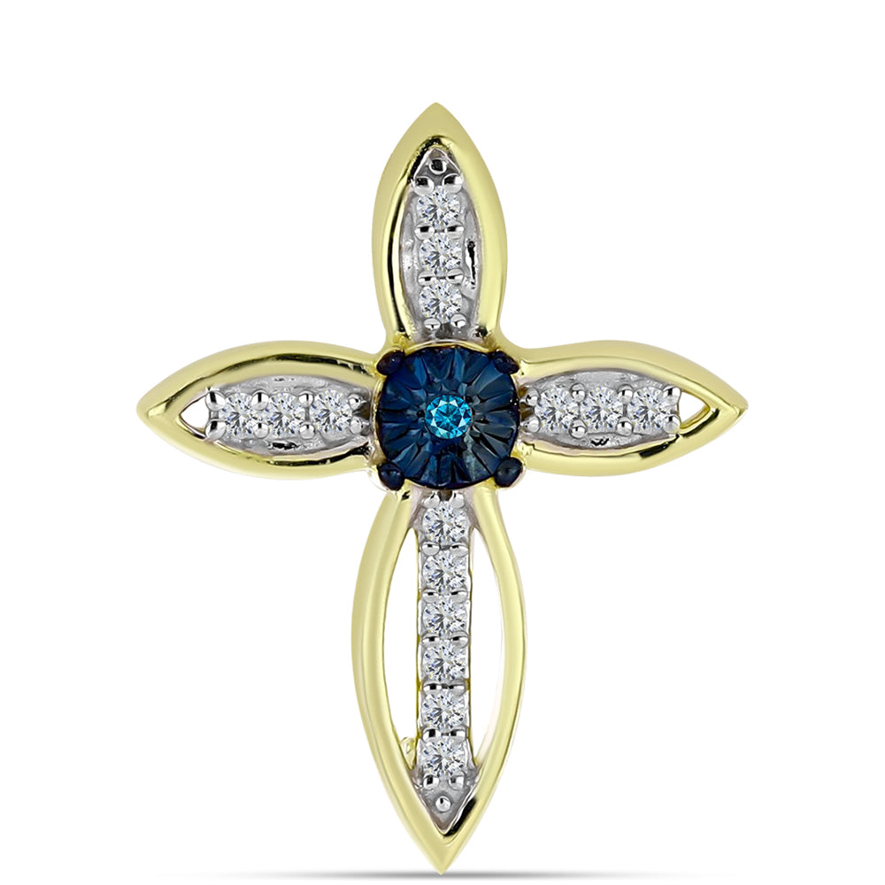 Cruz Broche de Plata Bañada en Oro con Diamante Azul y Topacio Blanco