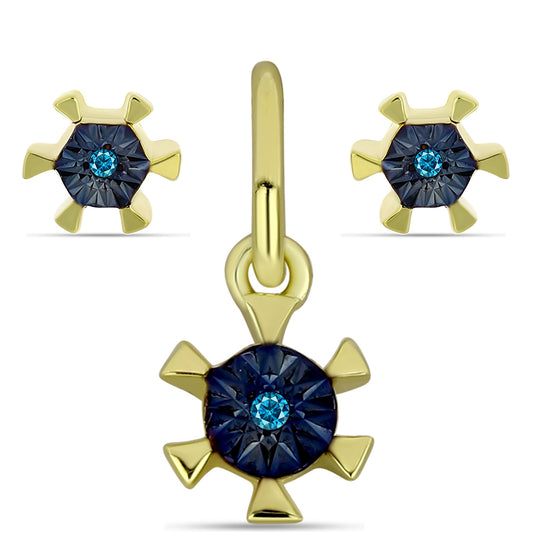 Conjunto de Plata Bañada en Oro con Diamante Azul ( Pendientes +Colgante )
