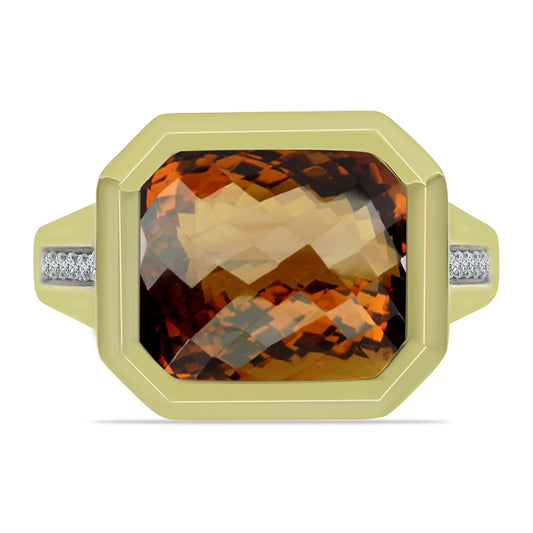 Anillo de Plata Bañada en Oro con Cuarzo Coñac y Topacio Blanco