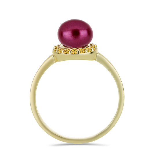 Anillo de Plata Bañada en Oro con Perla Púrpura de Agua dulce y Citrino de los Montes Urales