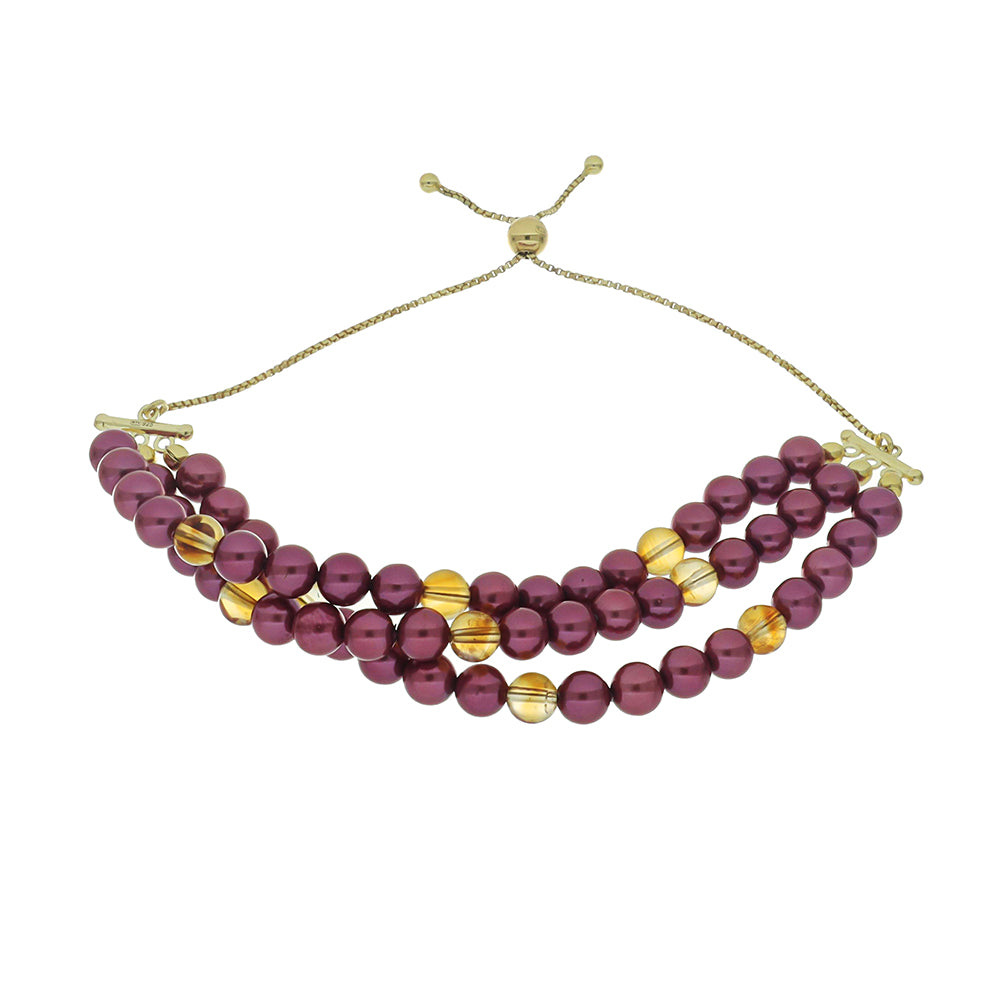 Pulsera de Plata Bañada en Oro con Perla Púrpura de Agua dulce y Citrino de los Montes Urales