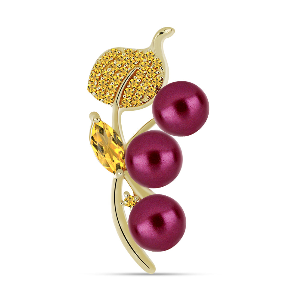 Broche de Plata Bañada en Oro con Perla Púrpura de Agua dulce y Citrino de los Montes Urales