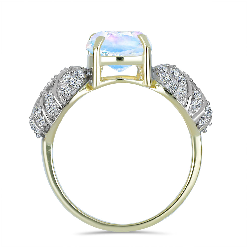 Anillo de Plata Bañada en Oro con Piedra Lunar Arco Iris y Topacio Blanco 2 