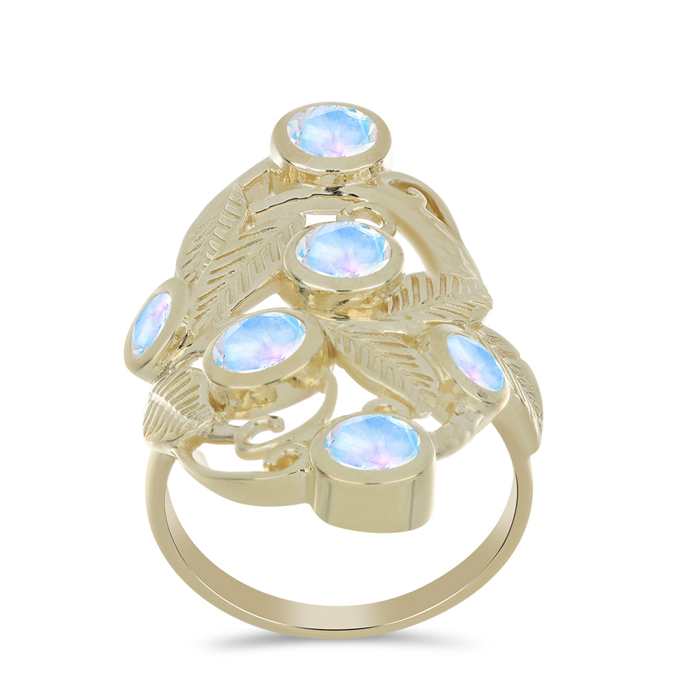 Anillo de Plata Bañada en Oro con Piedra Lunar Arco Iris
