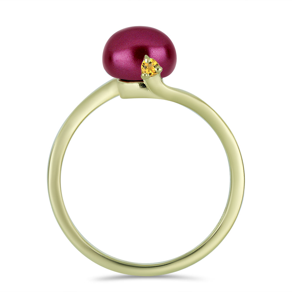 Anillo de Plata Bañada en Oro con Perla Púrpura de Agua dulce y Citrino de los Montes Urales