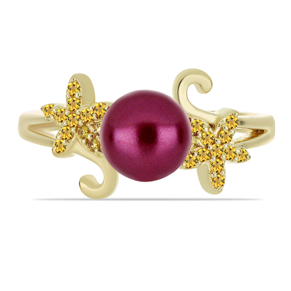 Anillo de Plata Bañada en Oro con Perla Púrpura de Agua dulce y Citrino de los Montes Urales 2 