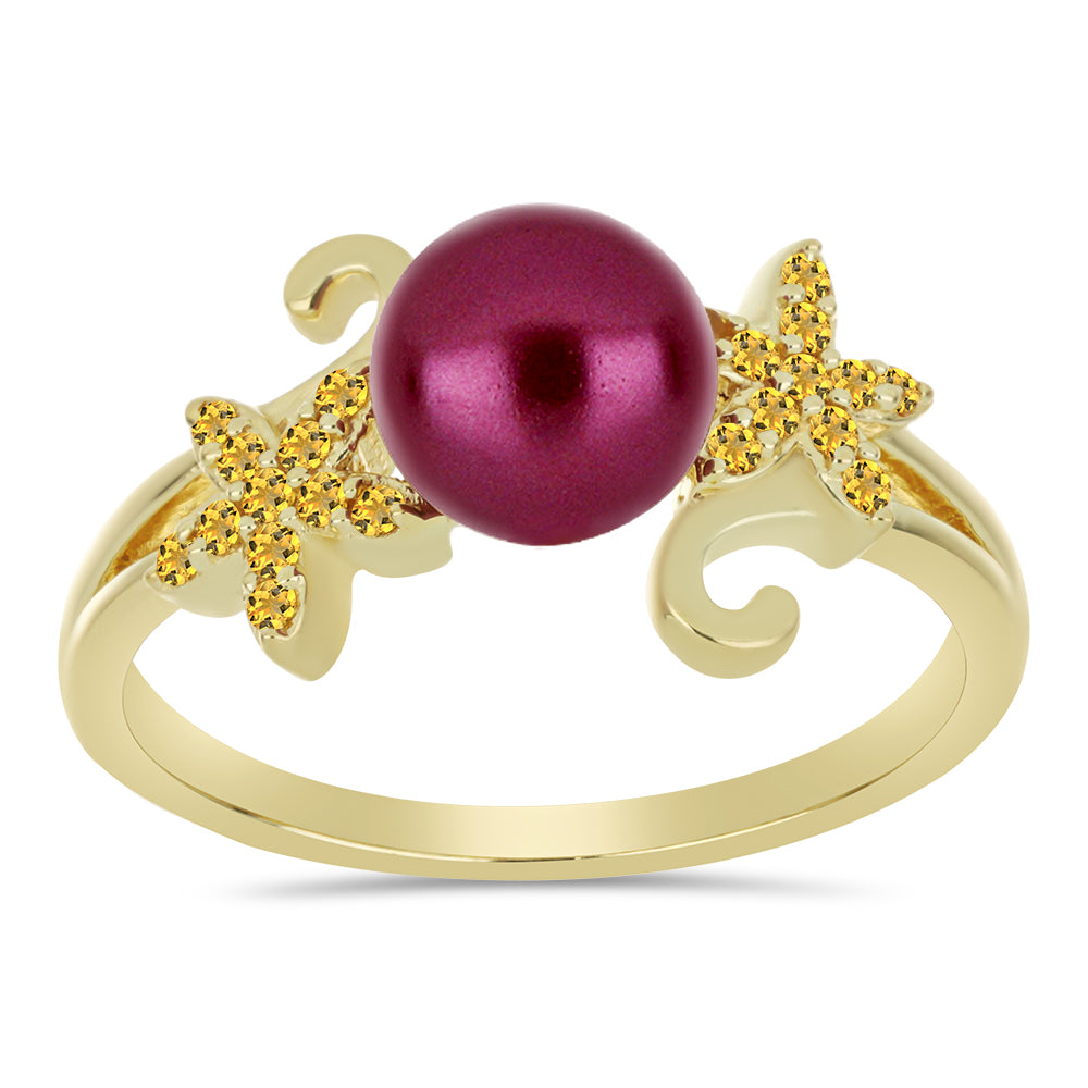 Anillo de Plata Bañada en Oro con Perla Púrpura de Agua dulce y Citrino de los Montes Urales 1 