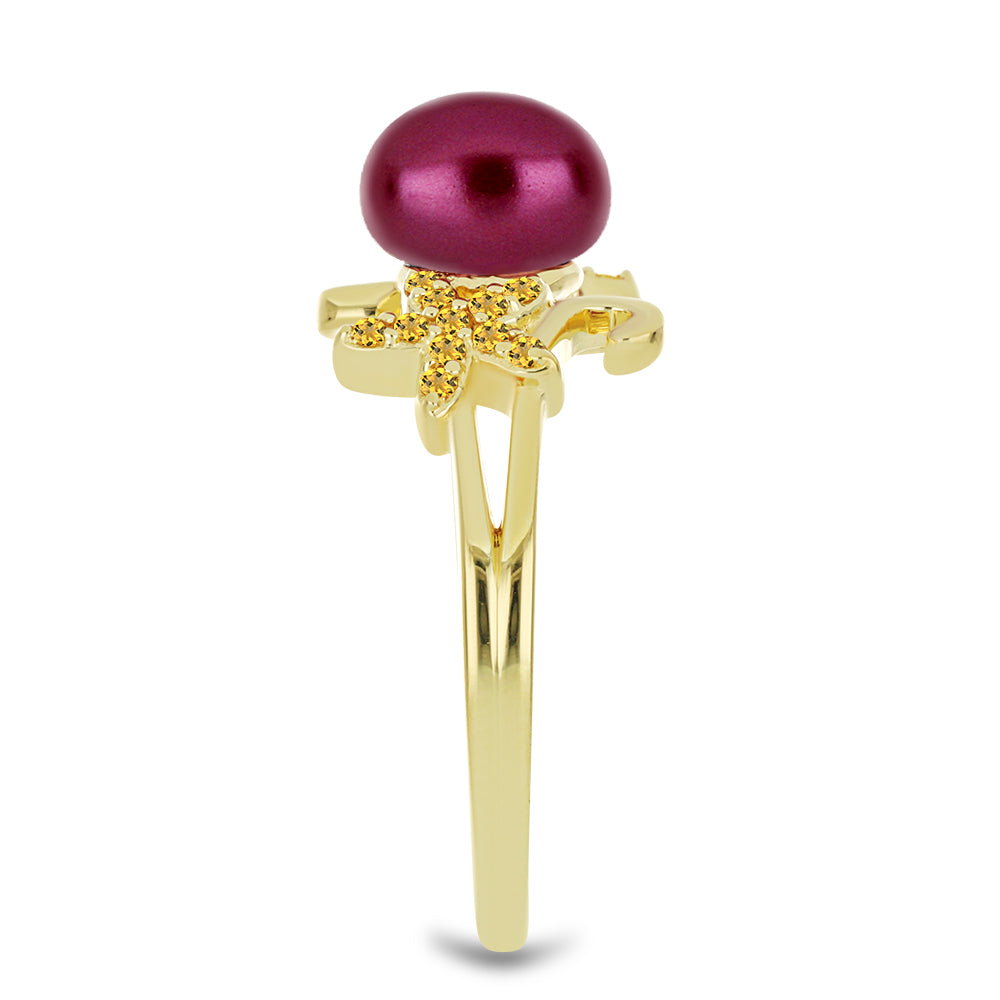 Anillo de Plata Bañada en Oro con Perla Púrpura de Agua dulce y Citrino de los Montes Urales 4 