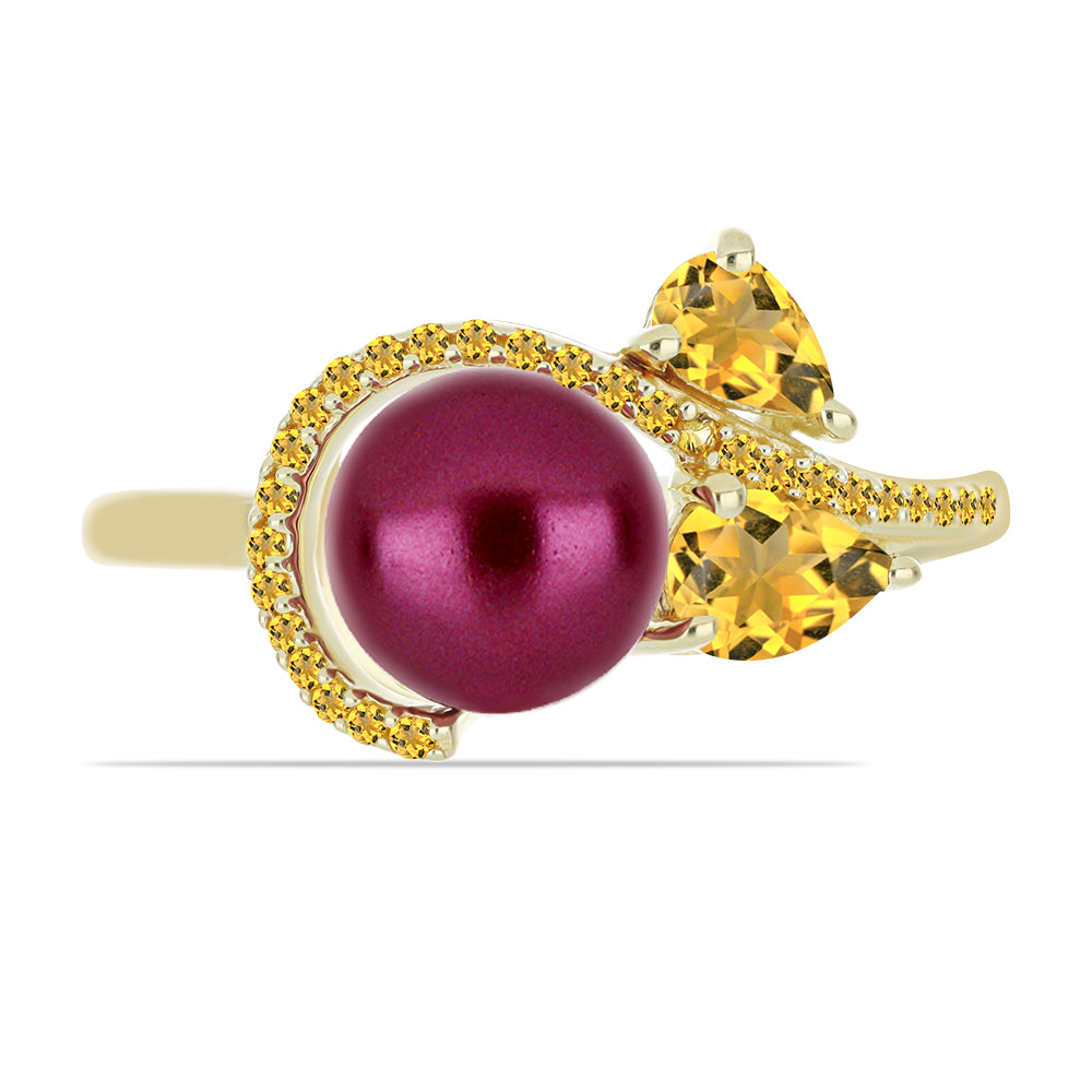 Anillo de Plata Bañada en Oro con Perla Púrpura de Agua dulce y Citrino de los Montes Urales