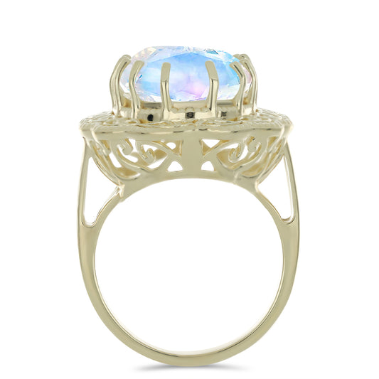 Anillo de Plata Bañada en Oro con Piedra Lunar Arco Iris