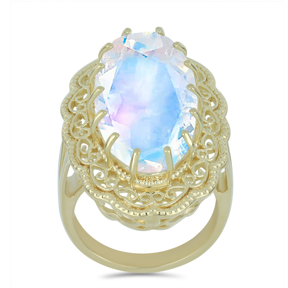 Anillo de Plata Bañada en Oro con Piedra Lunar Arco Iris 3 