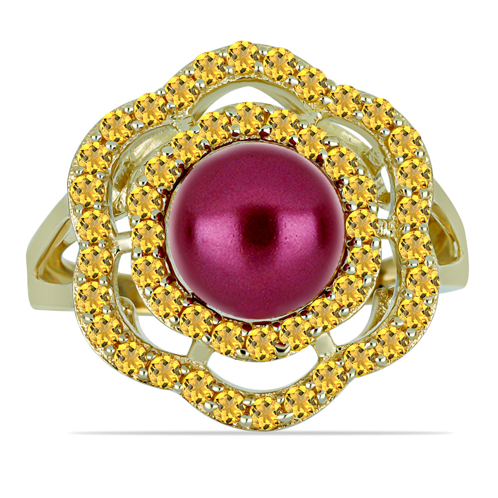Anillo de Plata Bañada en Oro con Perla Púrpura de Agua dulce y Citrino de los Montes Urales 1 