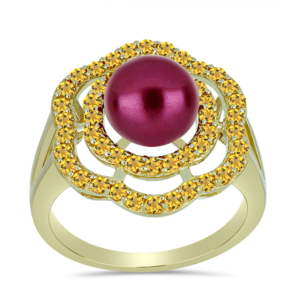 Anillo de Plata Bañada en Oro con Perla Púrpura de Agua dulce y Citrino de los Montes Urales 3 