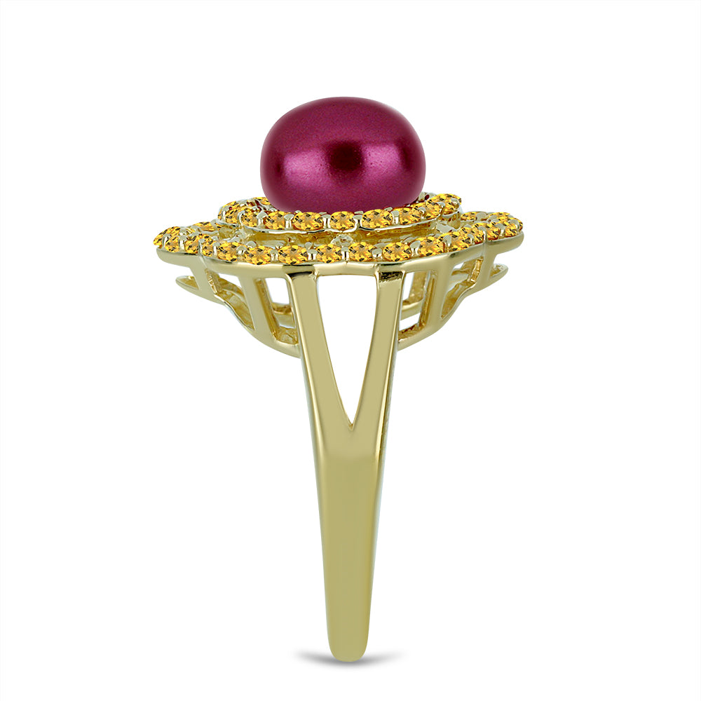 Anillo de Plata Bañada en Oro con Perla Púrpura de Agua dulce y Citrino de los Montes Urales 4 