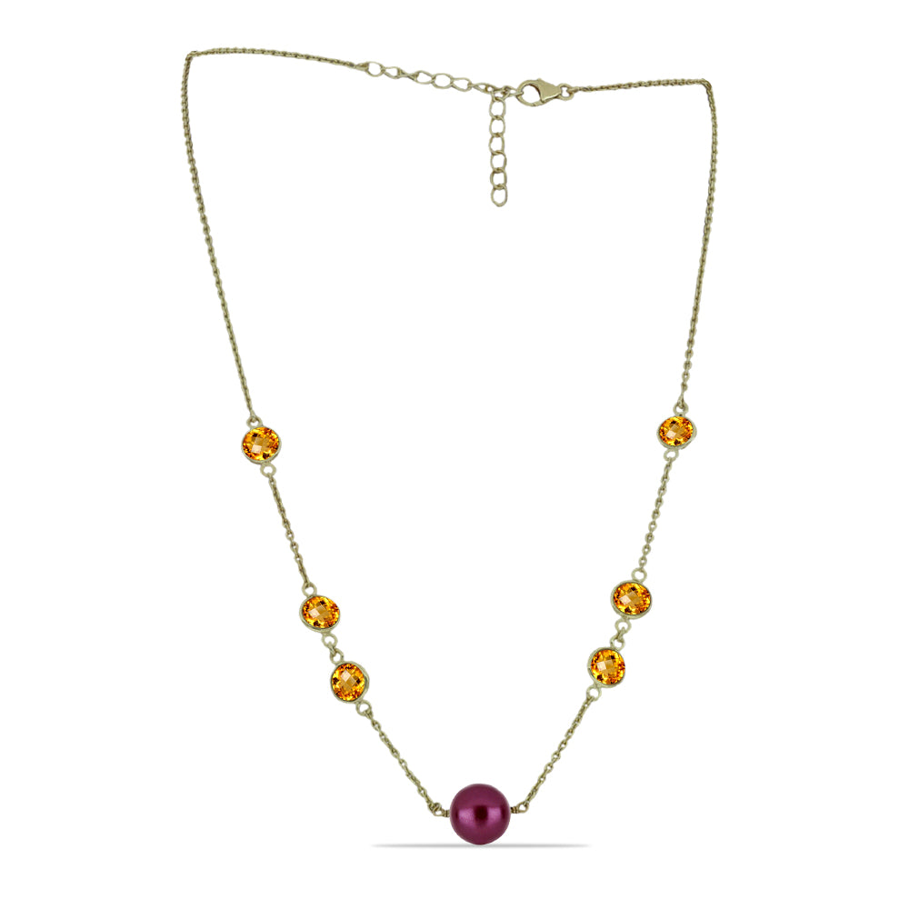 Collar de Plata Bañada en Oro con Perla Púrpura de Agua dulce y Citrino de los Montes Urales 1 