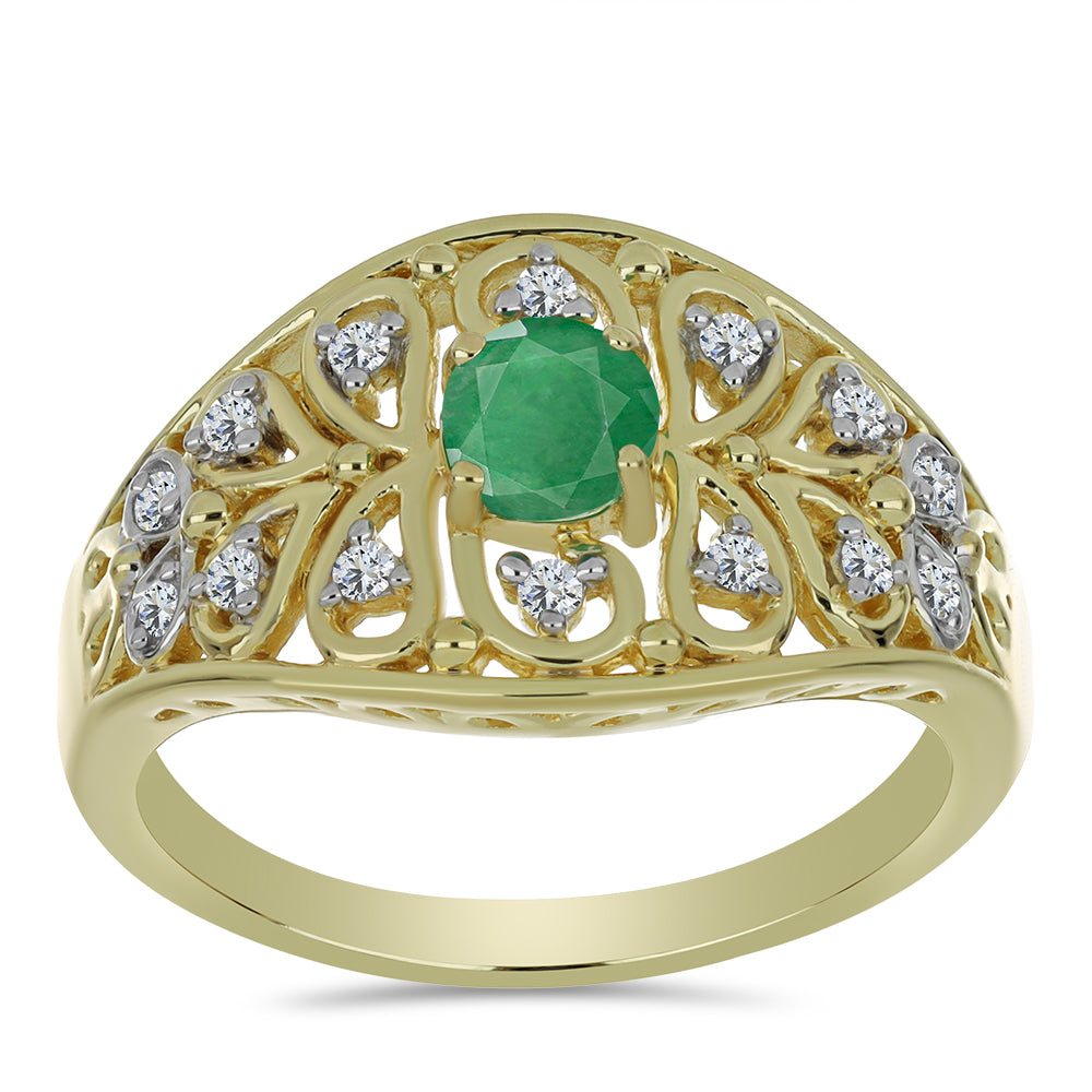 Anillo de Plata Bañada en Oro con Esmeralda de Brasil y Topacio Blanco 3 