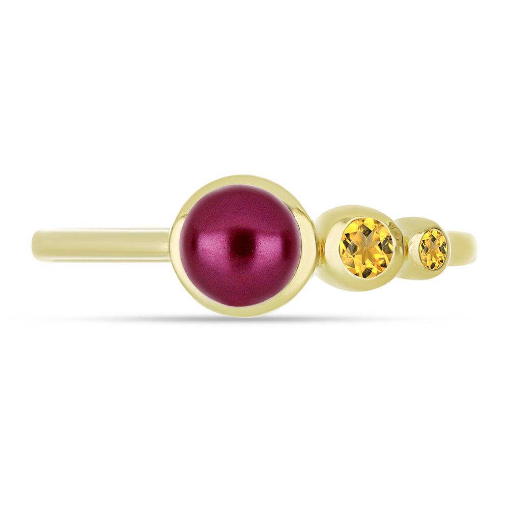 Anillo de Plata Bañada en Oro con Perla Púrpura de Agua dulce y Citrino de los Montes Urales