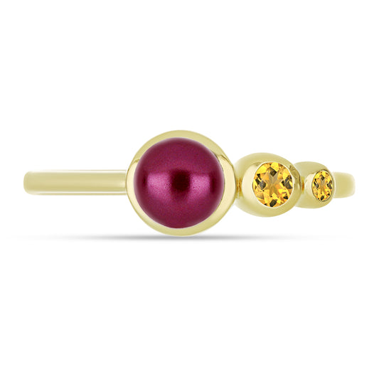 Anillo de Plata Bañada en Oro con Perla Púrpura de Agua dulce y Citrino de los Montes Urales