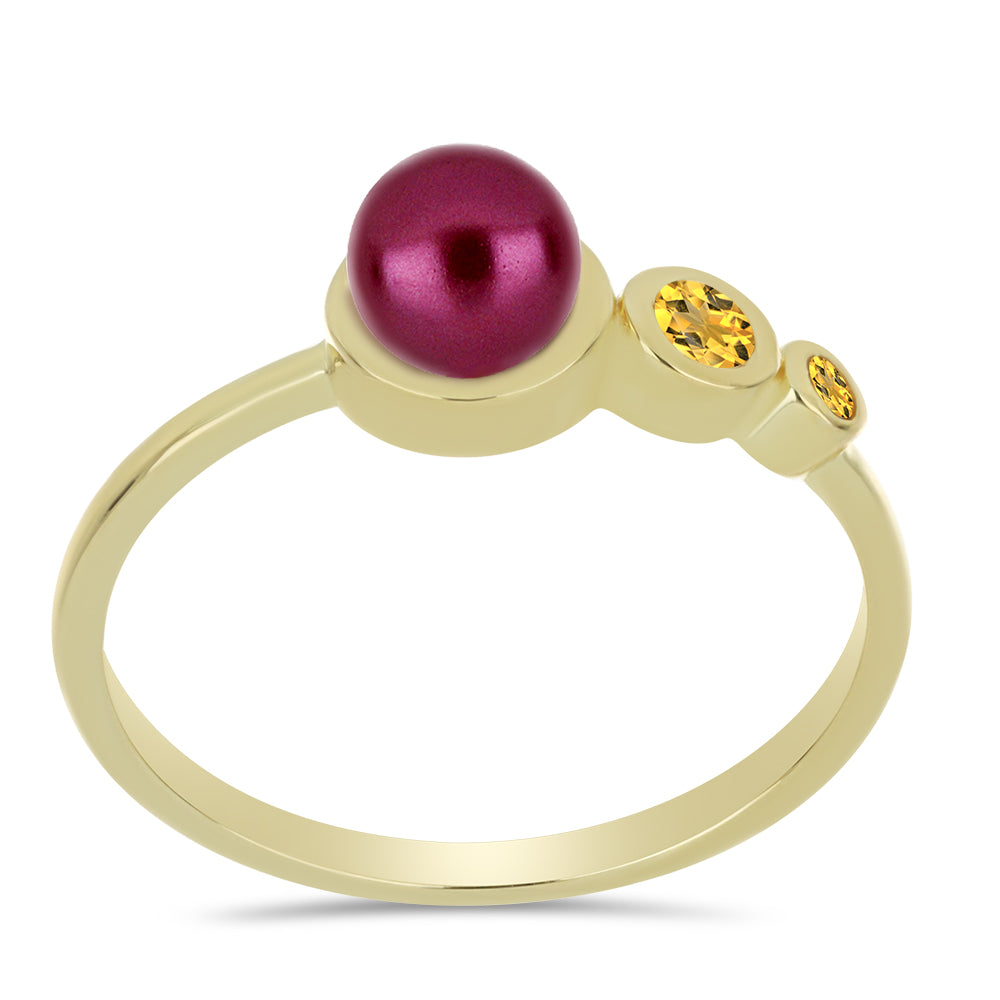 Anillo de Plata Bañada en Oro con Perla Púrpura de Agua dulce y Citrino de los Montes Urales