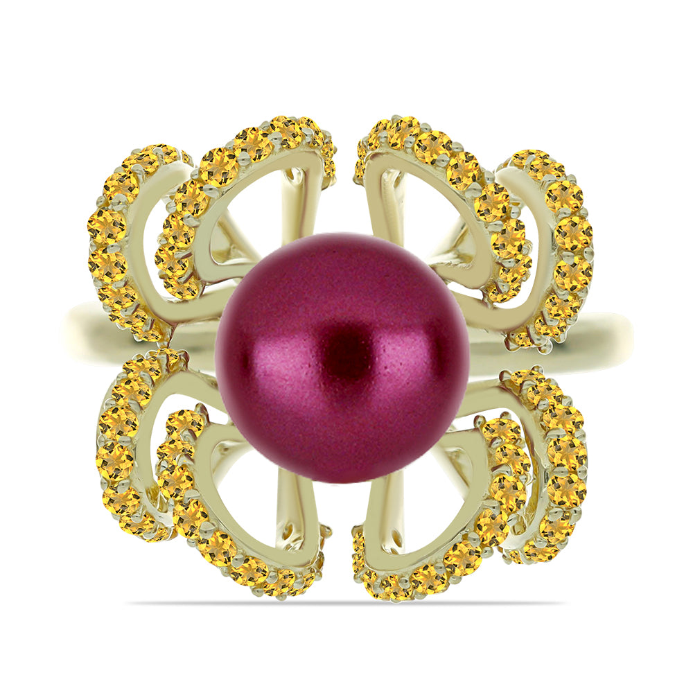 Anillo de Plata Bañada en Oro con Perla Púrpura de Agua dulce y Citrino de los Montes Urales