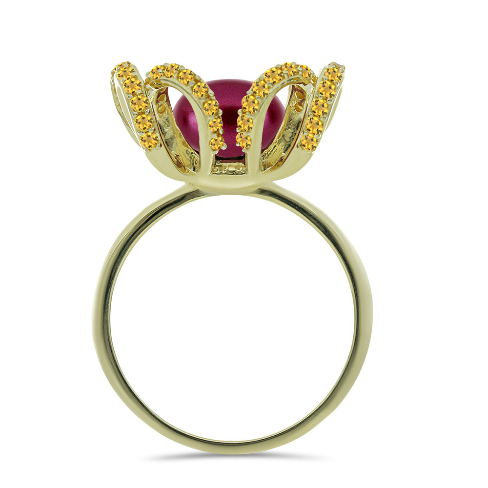Anillo de Plata Bañada en Oro con Perla Púrpura de Agua dulce y Citrino de los Montes Urales