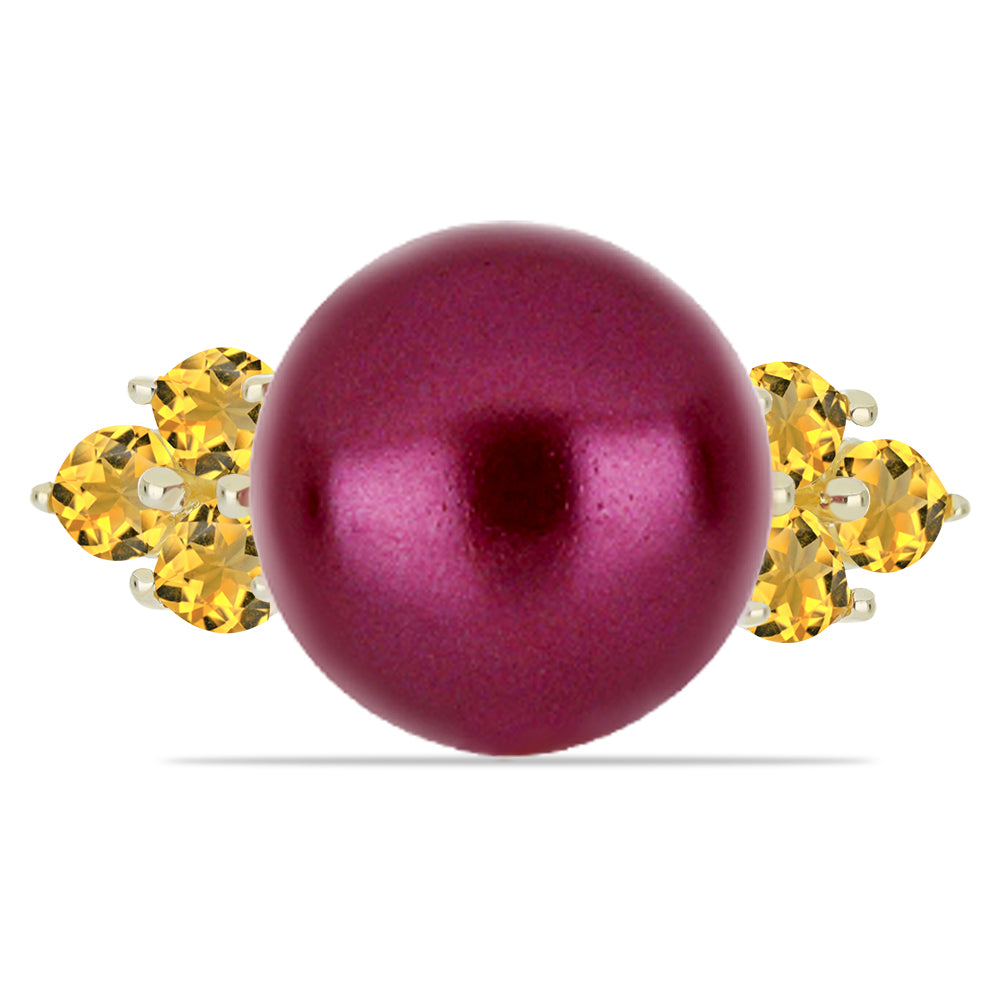 Anillo de Plata Bañada en Oro con Perla Púrpura de Agua dulce y Citrino de los Montes Urales