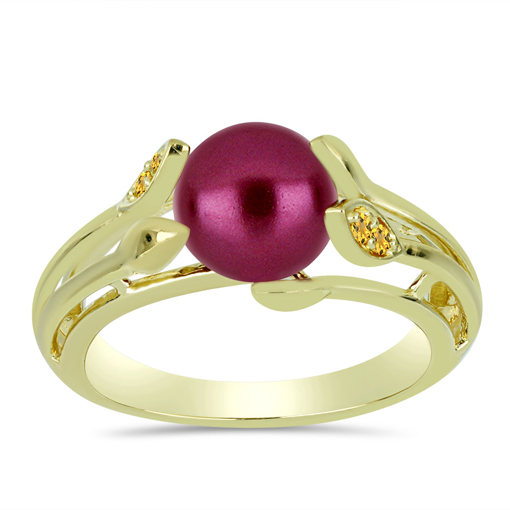 Anillo de Plata Bañada en Oro con Perla Púrpura de Agua dulce y Citrino de los Montes Urales 1 