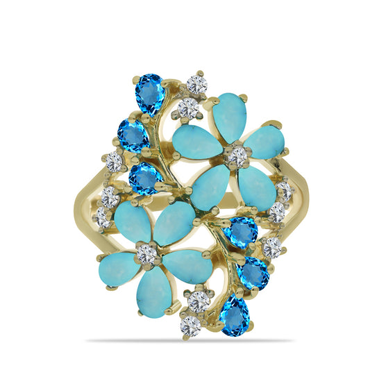 Anillo de Plata Bañada en Oro con Turquesa Bella Durmiente y Topacio Azul Suizo