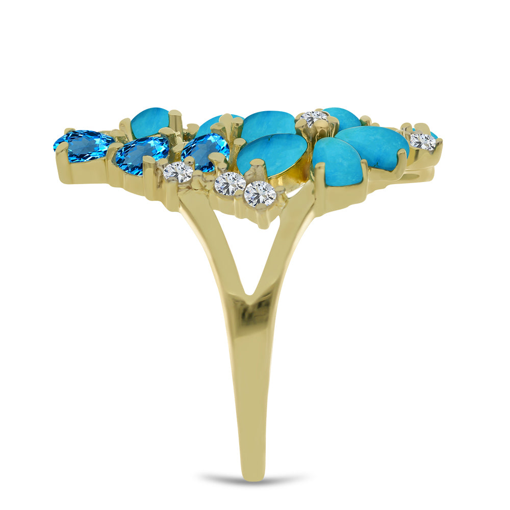 Anillo de Plata Bañada en Oro con Turquesa Bella Durmiente y Topacio Azul Suizo 4 