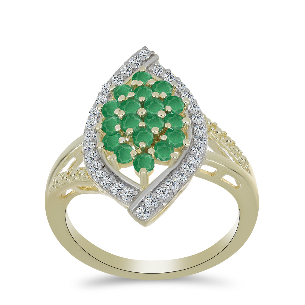 Anillo de Plata Bañada en Oro con Esmeralda de Brasil y Topacio Blanco