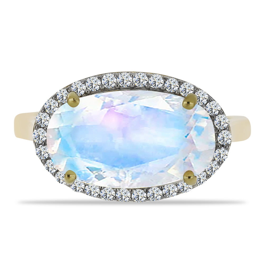 Anillo de Plata Bañada en Oro con Piedra Lunar Arco Iris y Topacio Blanco 1 
