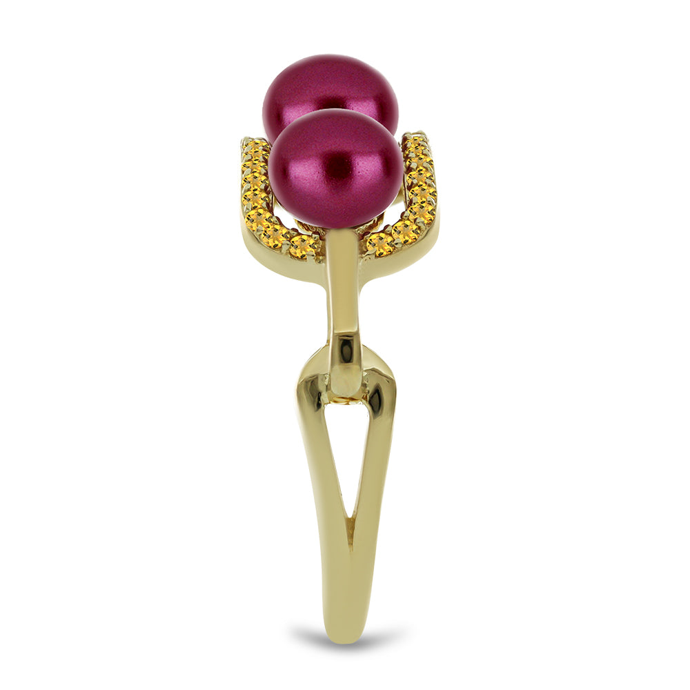 Anillo de Plata Bañada en Oro con Perla Púrpura de Agua dulce y Citrino de los Montes Urales