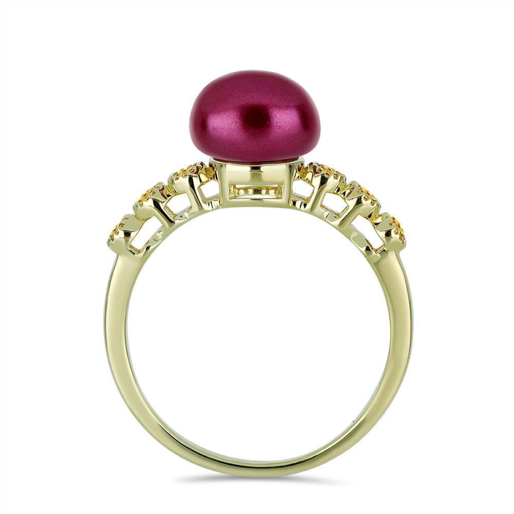 Anillo de Plata Bañada en Oro con Perla Púrpura de Agua dulce y Citrino de los Montes Urales