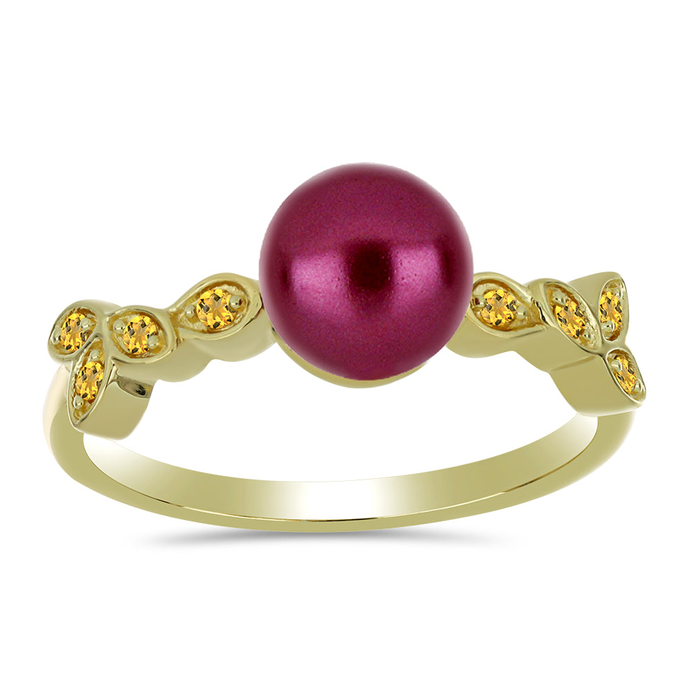 Anillo de Plata Bañada en Oro con Perla Púrpura de Agua dulce y Citrino de los Montes Urales