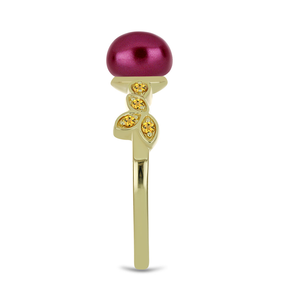 Anillo de Plata Bañada en Oro con Perla Púrpura de Agua dulce y Citrino de los Montes Urales 4 