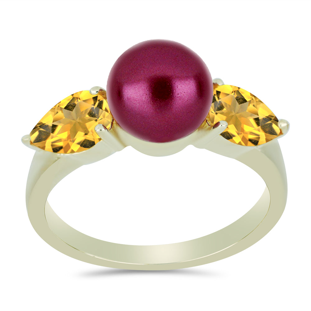 Anillo de Plata Bañada en Oro con Perla Púrpura de Agua dulce y Citrino de los Montes Urales 3 