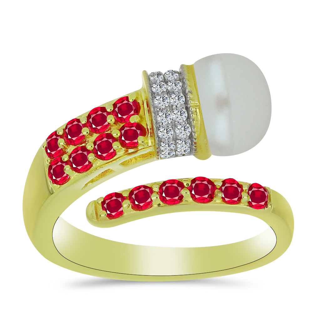 Anillo de Plata Bañada en Oro con Perla de Agua Dulce y Rubí de Madagascar