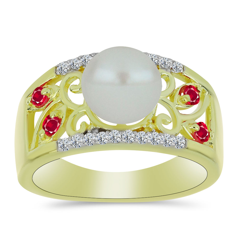 Anillo de Plata Bañada en Oro con Perla de Agua Dulce y Rubí de Madagascar