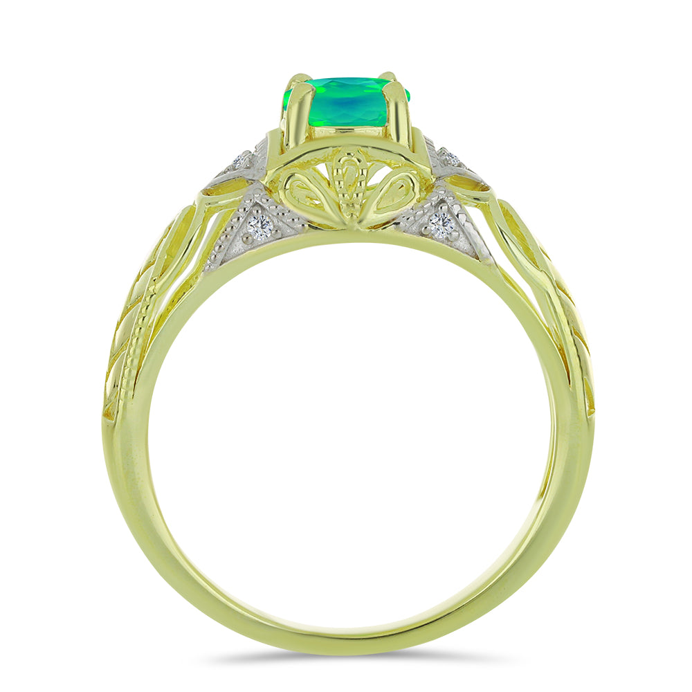 Anillo de Plata Bañada en Oro con Ópalo Verde Etíope de Lega Dembi y Topacio Blanco 2 